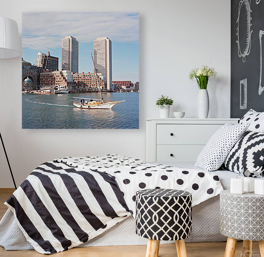 Sailboat floating by harbour with city skyline Reproduction