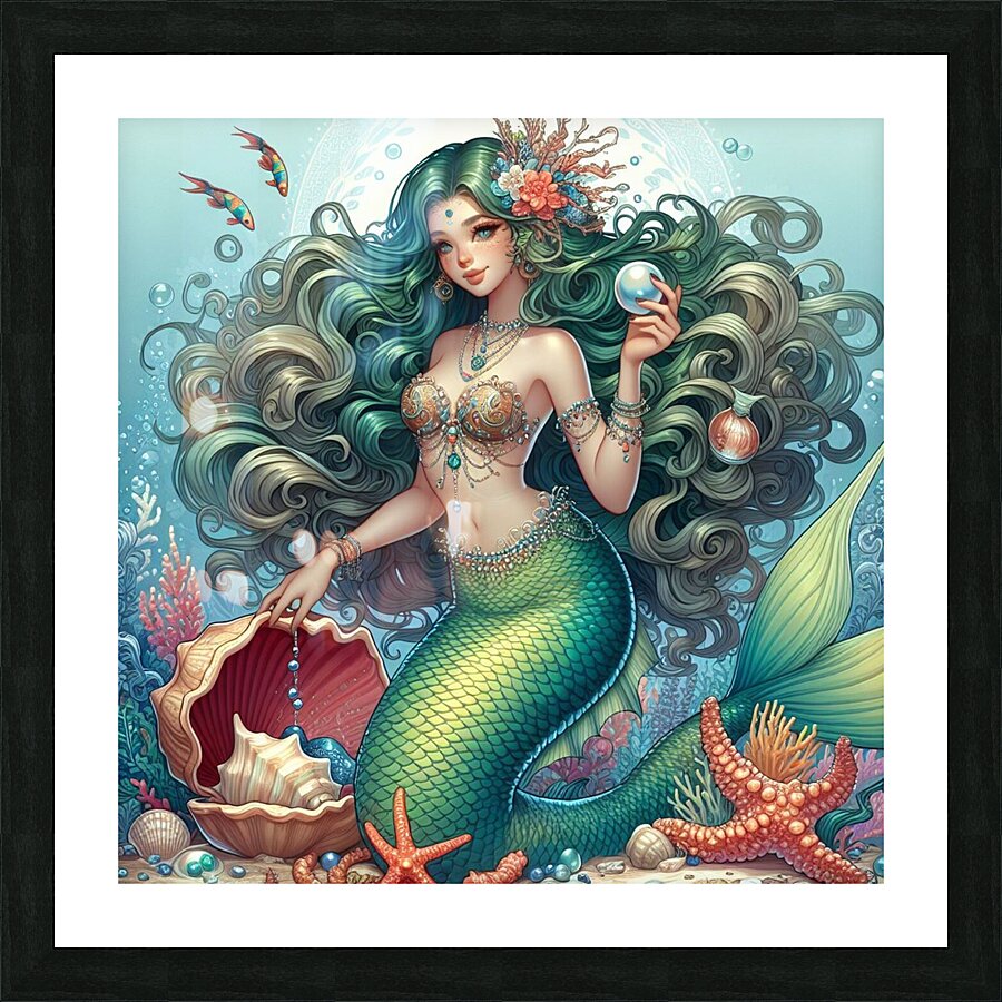 Beautiful Mermaid with green curly hair  Picture Frame print