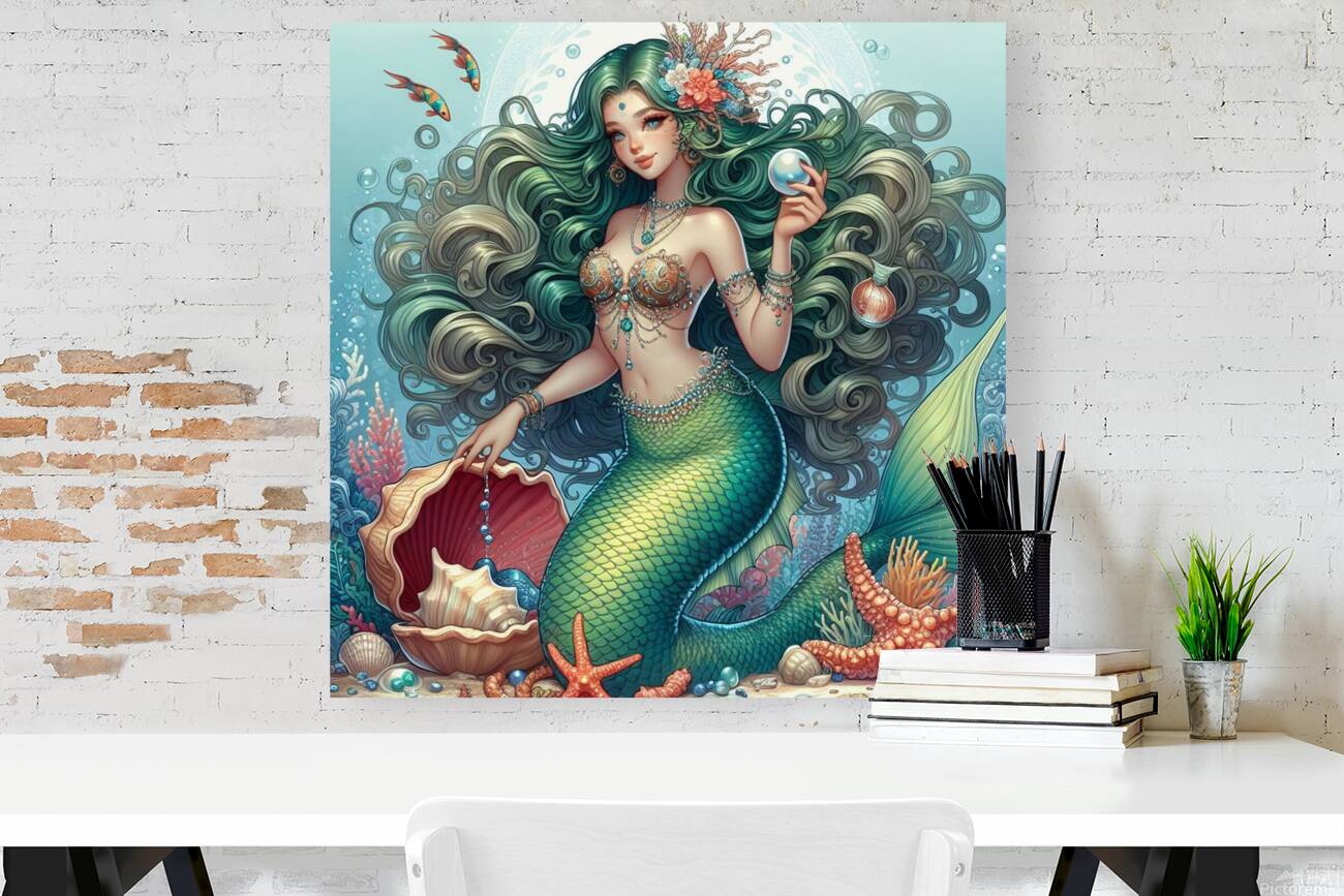 Beautiful Mermaid with green curly hair  Reproduction
