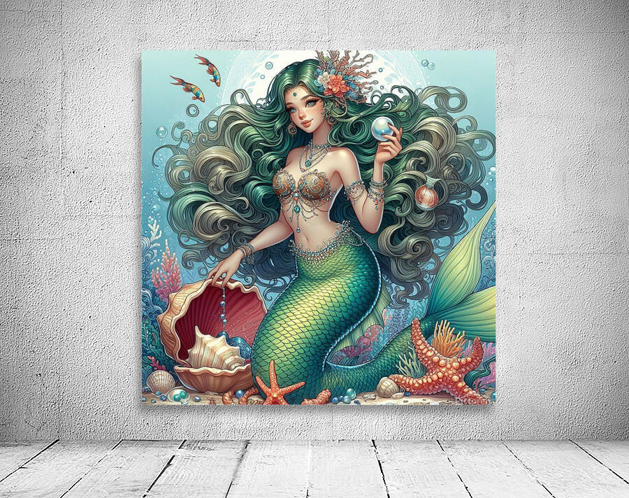 Beautiful Mermaid with green curly hair  Wall Preview