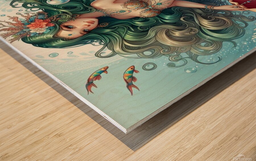 Beautiful Mermaid with green curly hair  Wood print