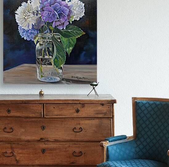 Dahlias and Hydrangeas in a Mason Jar Square foot Painting by Bev Robertson Art