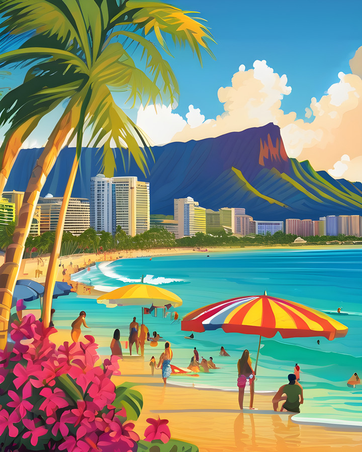 AI art colorful painting of waikiki beach Honolulu Hawaii USA 4 by