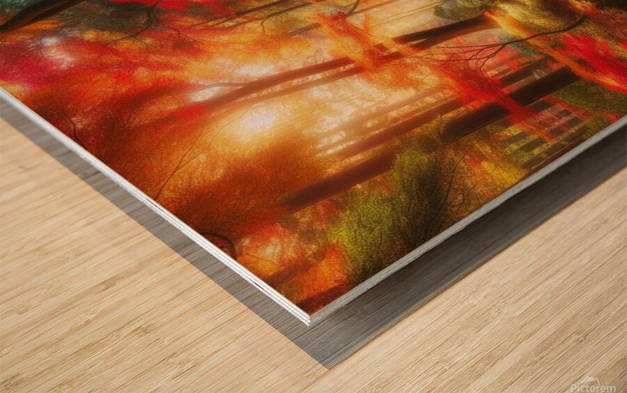 Vibrant Autumn Forest Pathway Wood print