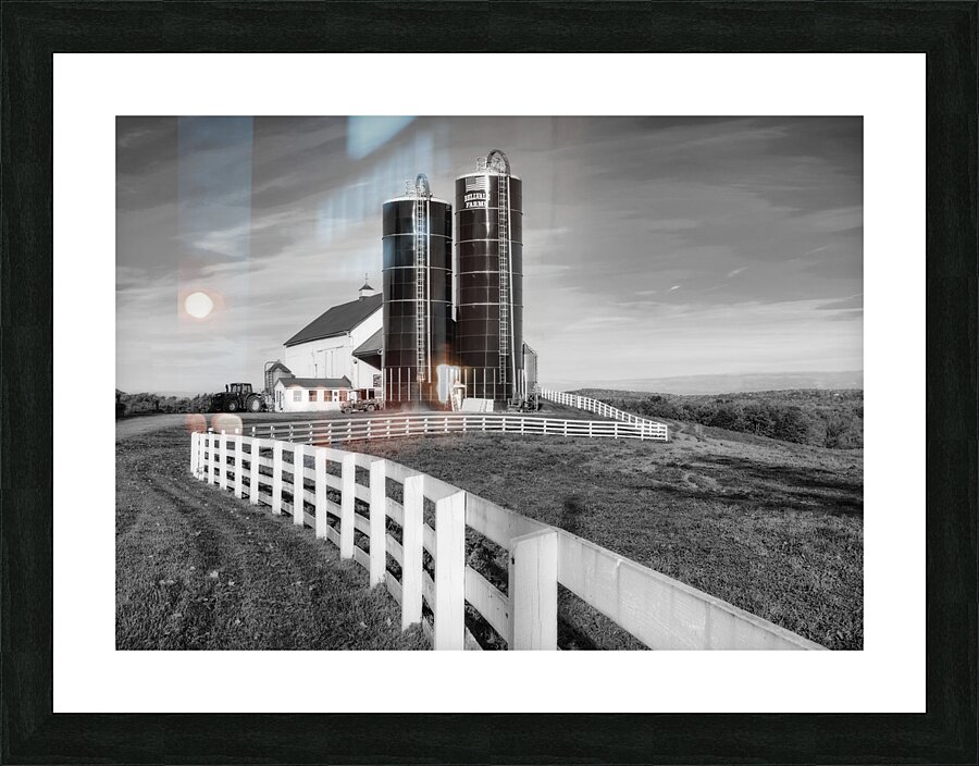 Silos and Fence B W Picture Frame print
