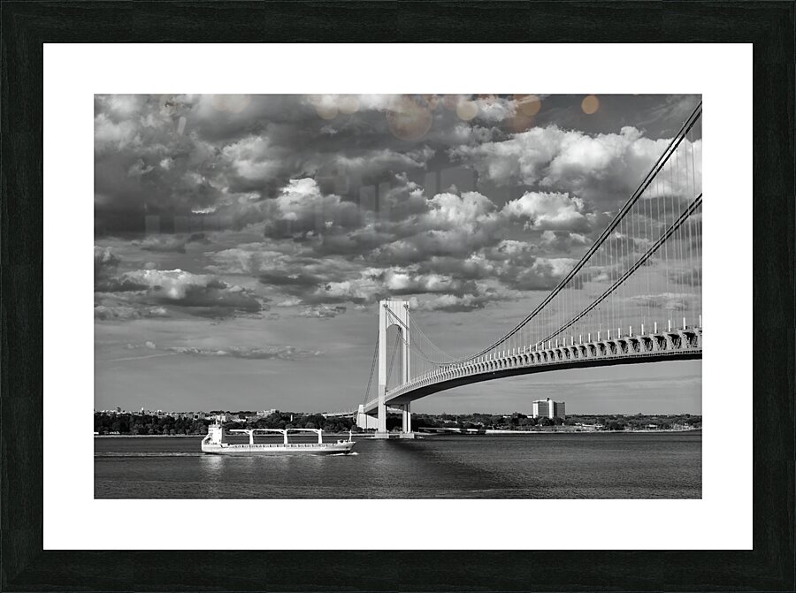 Verrazzano Bridge and Cargo Ship B W Picture Frame print