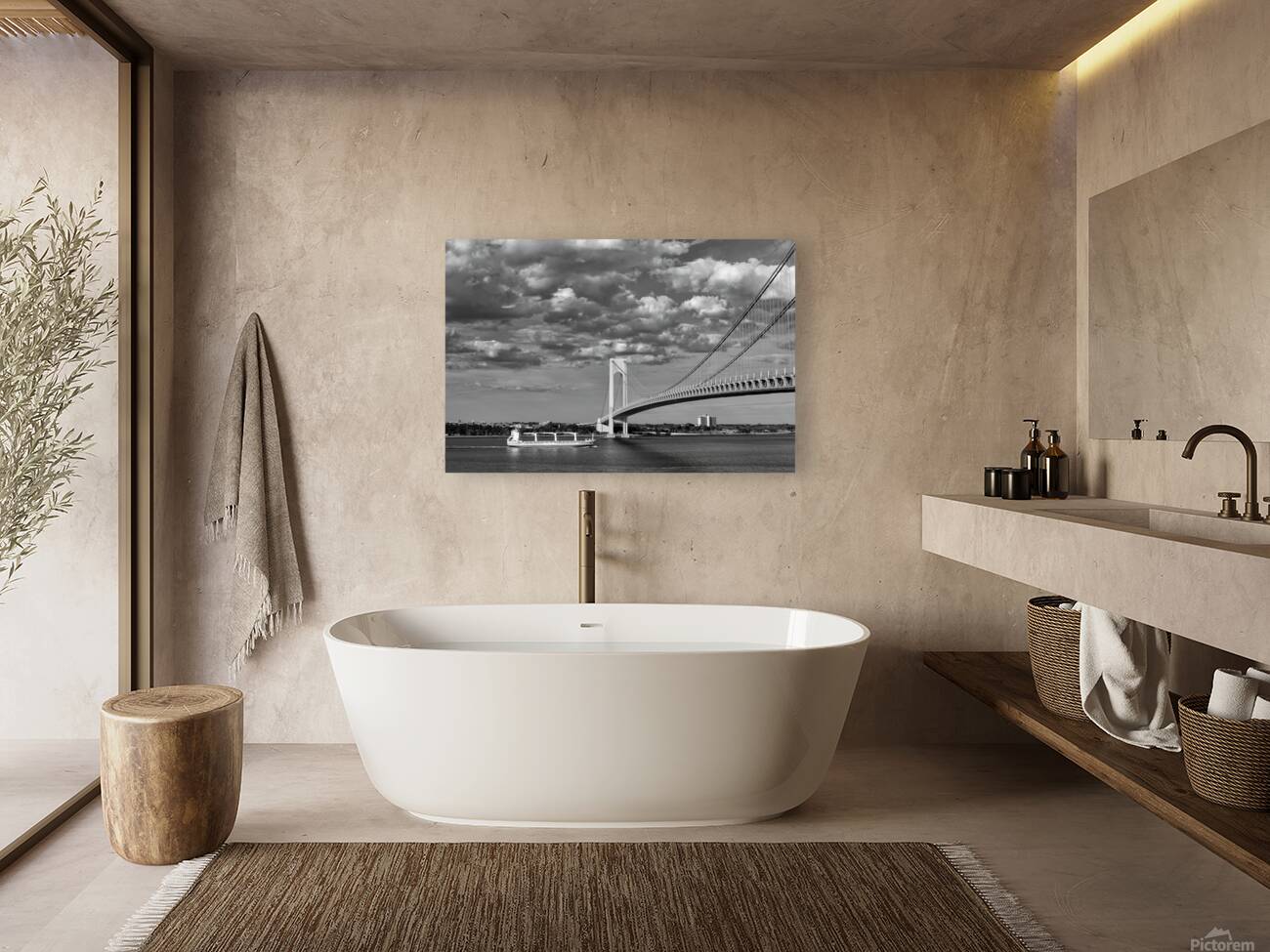 Verrazzano Bridge and Cargo Ship B W Reproduction