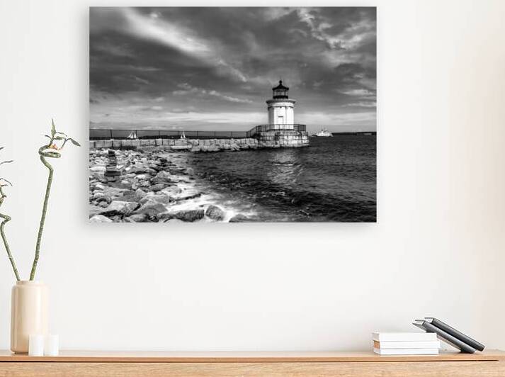 Ferry Passing Breakwater Lighthouse B W by Jerry Fornarotto