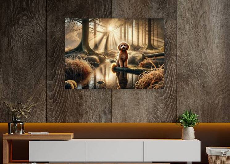Mutlipoo Dog beside a Reflective Creek by Jerry Fornarotto