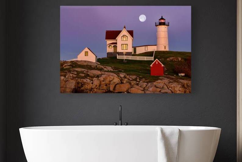 Nubble Lighthouse and Moon by Jerry Fornarotto