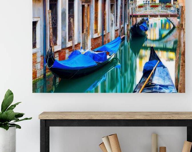 Gondolas Lined Along Venice Canal by Jerry Fornarotto