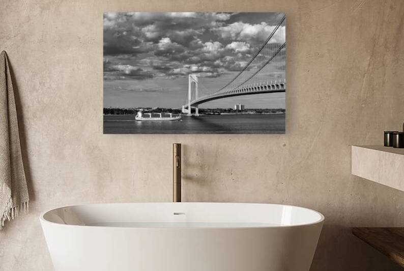 Verrazzano Bridge and Cargo Ship B W by Jerry Fornarotto