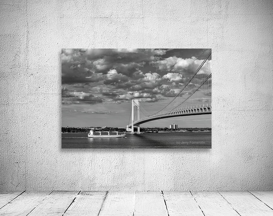 Verrazzano Bridge and Cargo Ship B W Wall Preview
