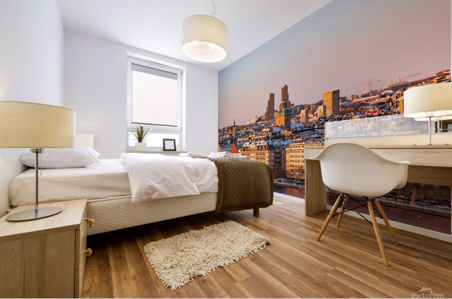 Sunset over Kungsholmen Stockholm Sweden with historic colorful buildings and Norra tornen. Mural print