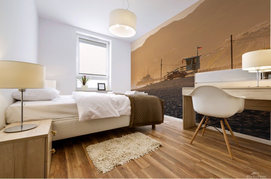 Santa Monica USA. A lifeguard tower at sunset Mural print