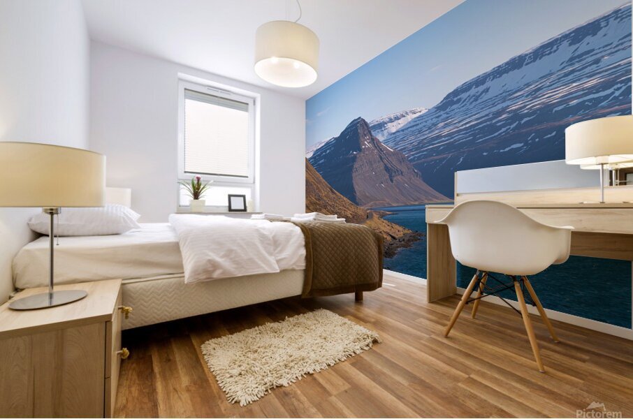 Road in the high arctic nature of Iceland Westfjords. High mountains and glacier Mural print