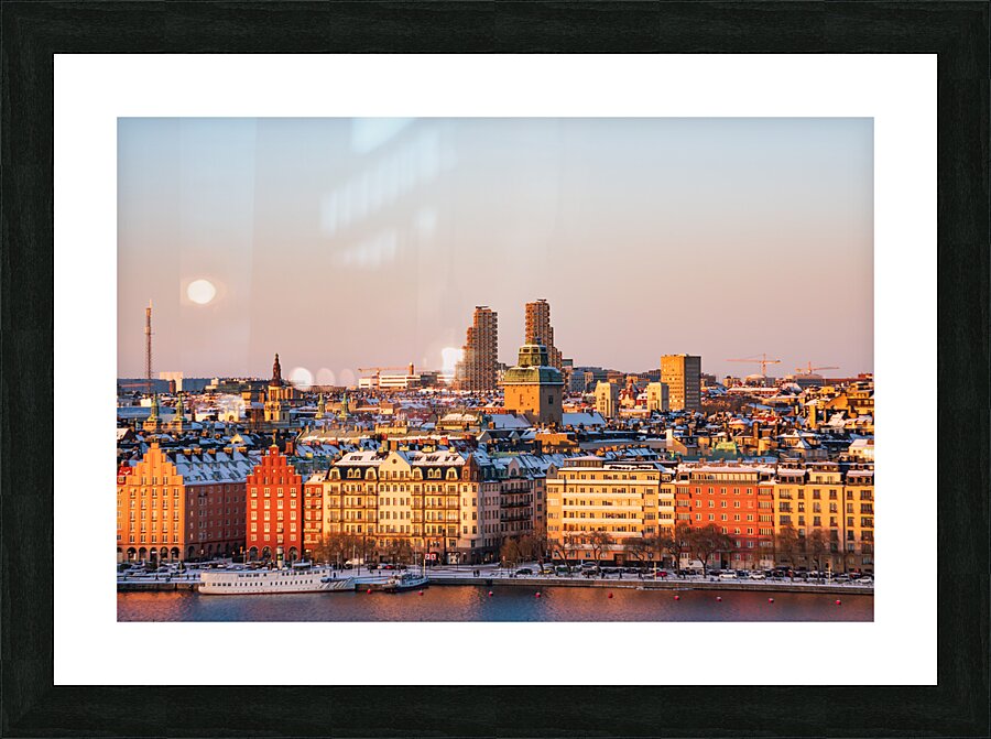 Sunset over Kungsholmen Stockholm Sweden with historic colorful buildings and Norra tornen. Picture Frame print