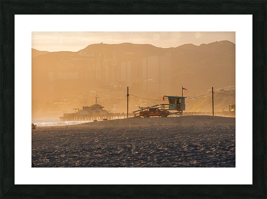 Santa Monica USA. A lifeguard tower at sunset Picture Frame print