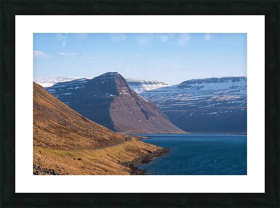 Road in the high arctic nature of Iceland Westfjords. High mountains and glacier Picture Frame print