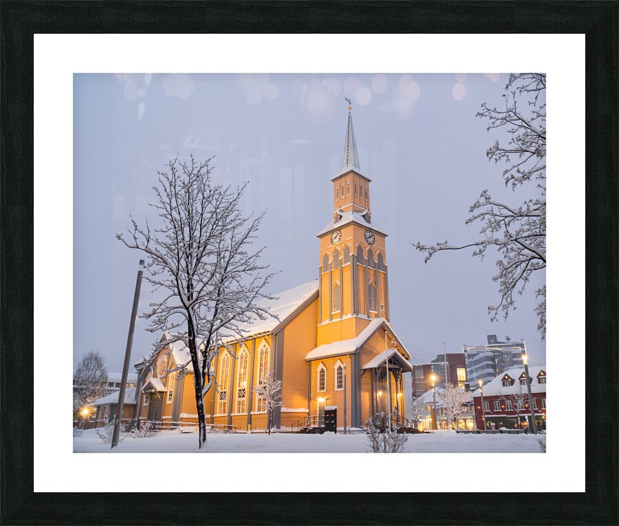 The Church of Tromso during the polar night Picture Frame print