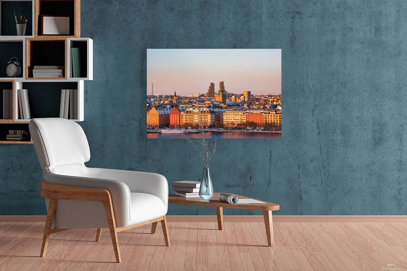 Sunset over Kungsholmen Stockholm Sweden with historic colorful buildings and Norra tornen. Reproduction