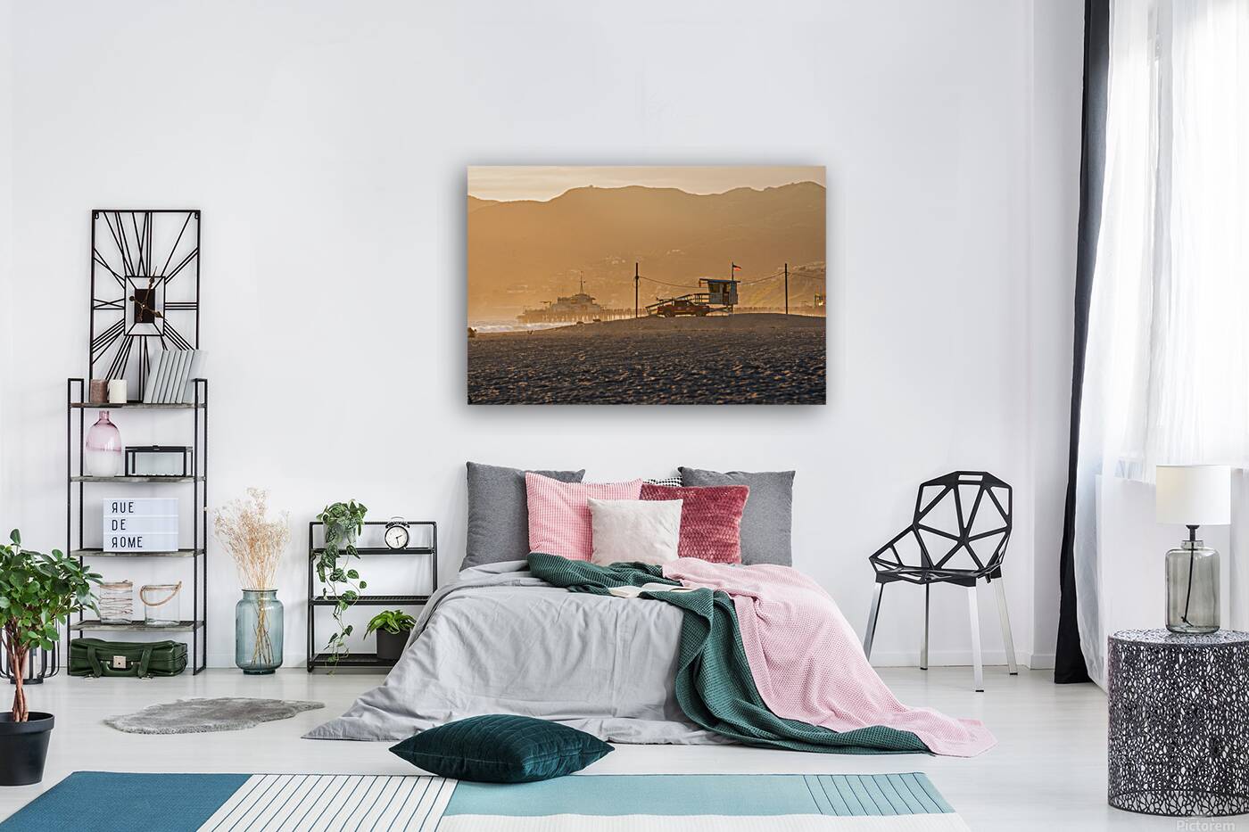 Santa Monica USA. A lifeguard tower at sunset Reproduction