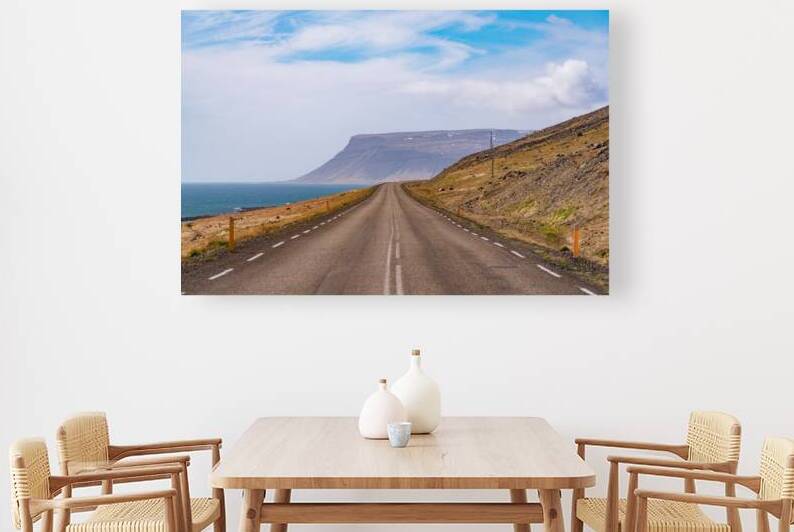Road in the high arctic nature of Iceland Westfjords. High cliffs open nature. by John Nilsson