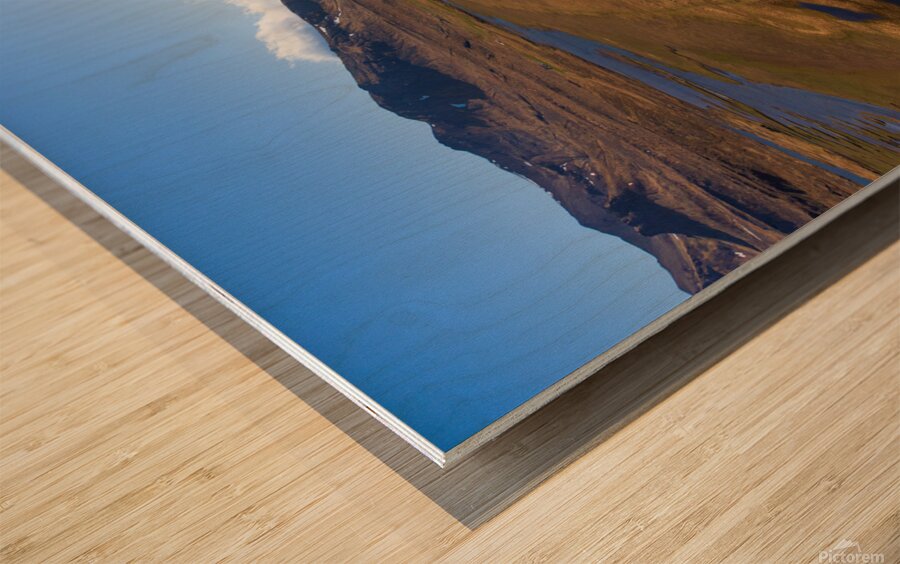 Iceland scenic route Snaefellsnes pensinsula volcano in the background covered in snow empty road with the ocean and waves. Wood print