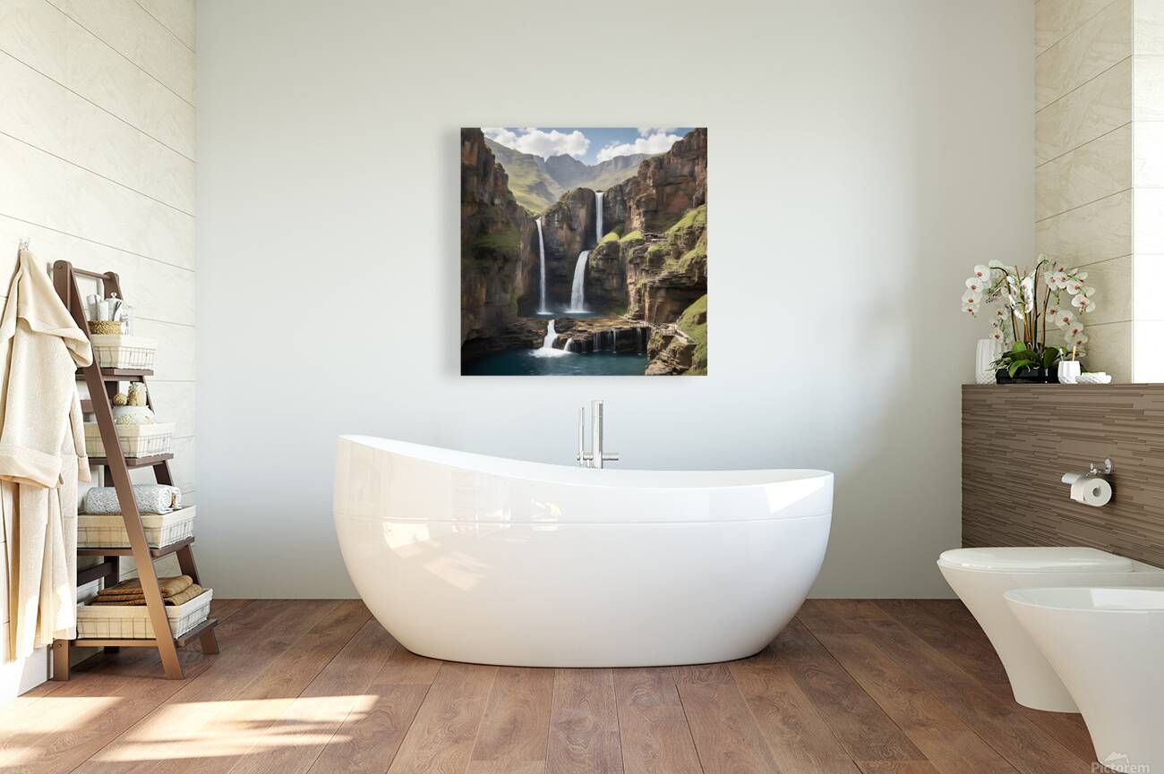 Default A majestic waterfall cascading down rugge Reproduction