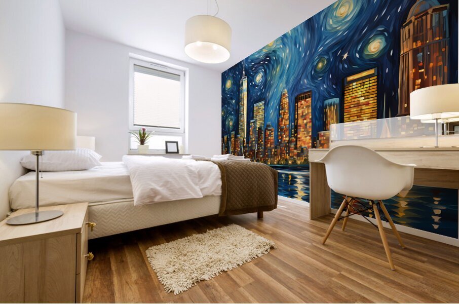 Starry Night Skyline - Starry Cityscape Art Prints Mural print