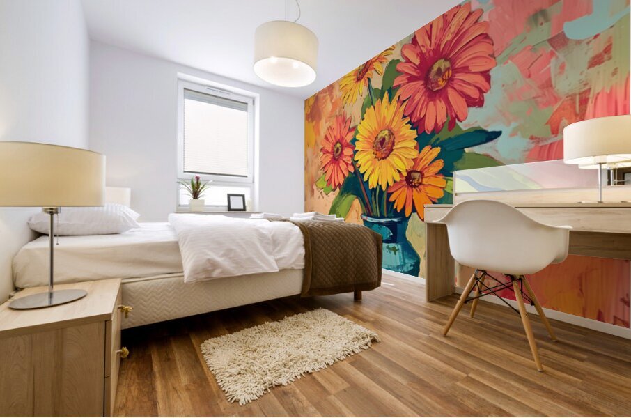 Sunburst In A Teal Vase - Sunflower Vase Art Prints Impression murale