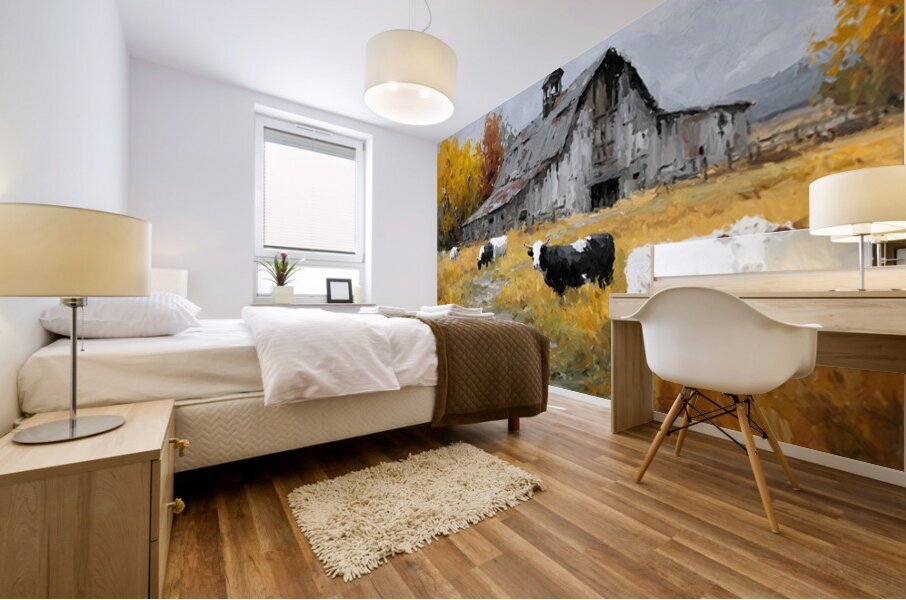 Autumn Barn with Grazing Cows – Farmhouse Landscape Art Print Mural print