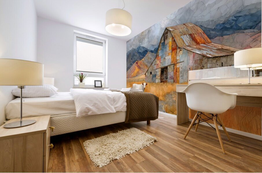 Mosaic Barn & Two White Cows – Farmhouse Landscape Art Print Mural print