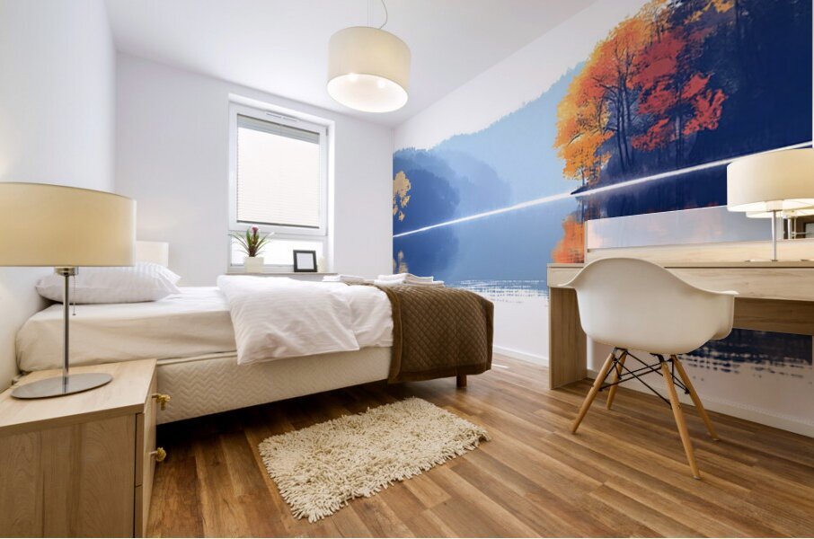 Blue Haze – Misty Lake Reflection Print Mural print
