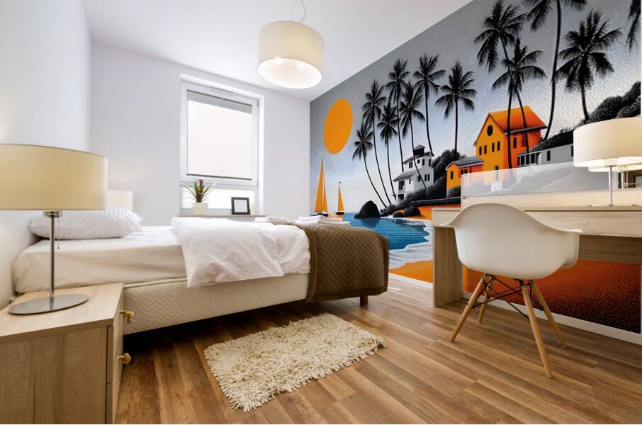 Orange Sun Harbor - Tropical Modern Print Mural print