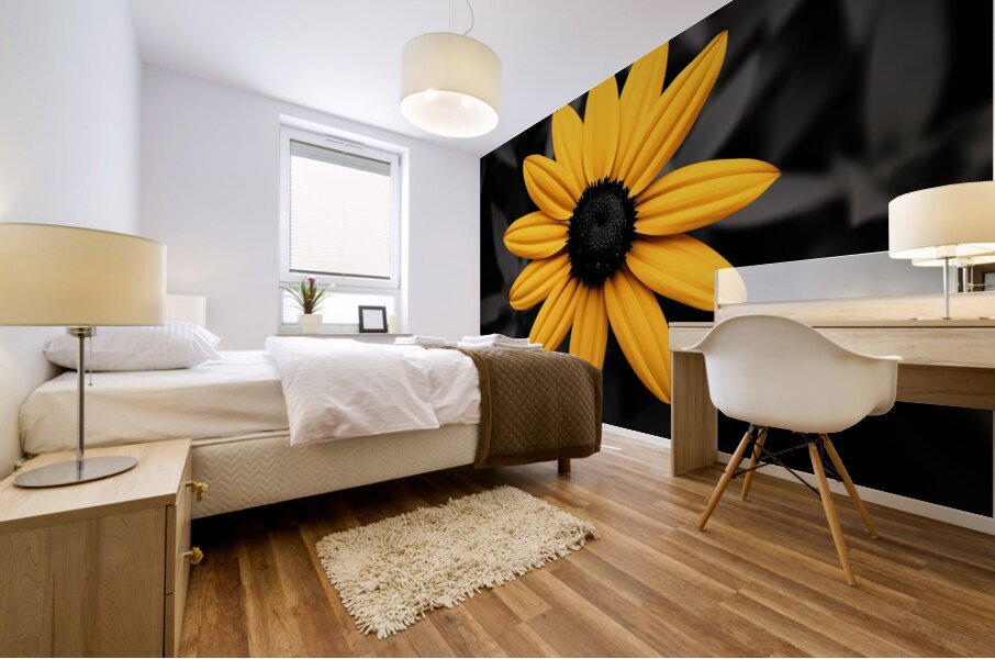 Lone Glow – Yellow Sunflower on Black Print Impression murale