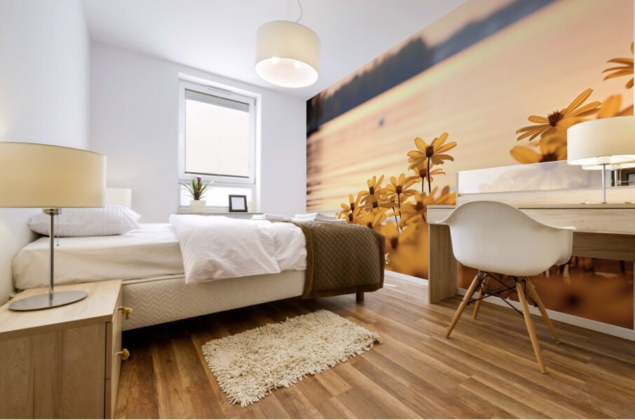 Golden Hour Bloom – Warm Sepia Sunflower Landscape Print Mural print