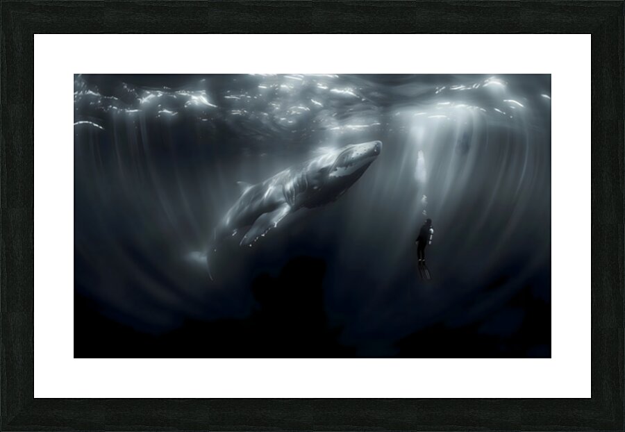 In the Presence of Majesty - Underwater Whale and Diver Art Prints Picture Frame print