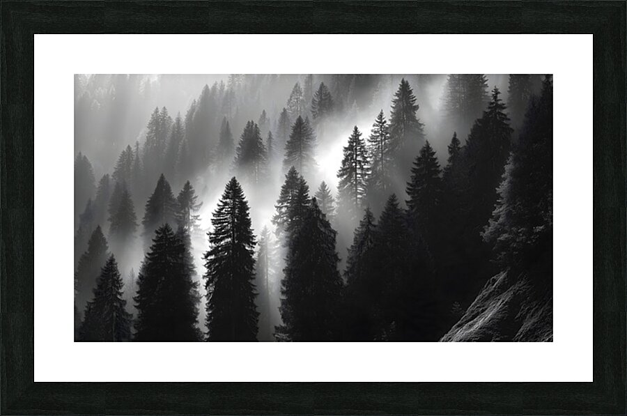 Misty Pine Hillside - Monochrome Landscape Art Prints Picture Frame print