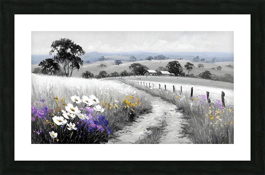Flowers By The Fence - Country Floral Landscape Art Prints Picture Frame print