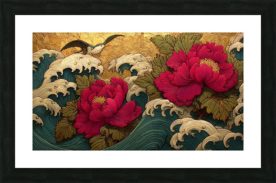 Hana To Nami No Uta 花と波の詩 - Poem Of Flowers And Waves - Japanese Floral Seascape Art Prints Picture Frame print