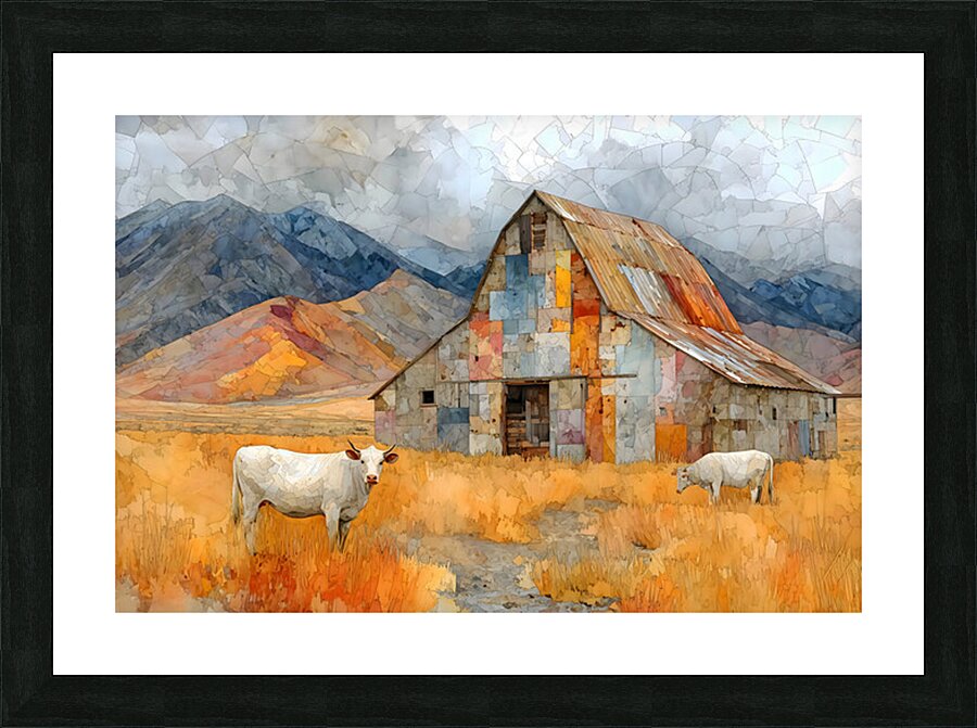 Mosaic Barn & Two White Cows – Farmhouse Landscape Art Print Picture Frame print