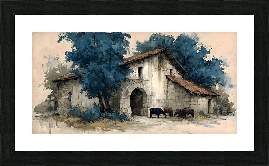 Cows by the Stone Arch – Farmhouse Landscape Art Print Picture Frame print
