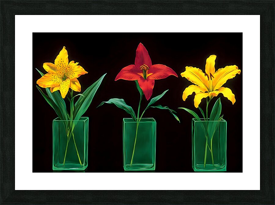 Neon Stems – Trio of Lilies on Black Print Picture Frame print
