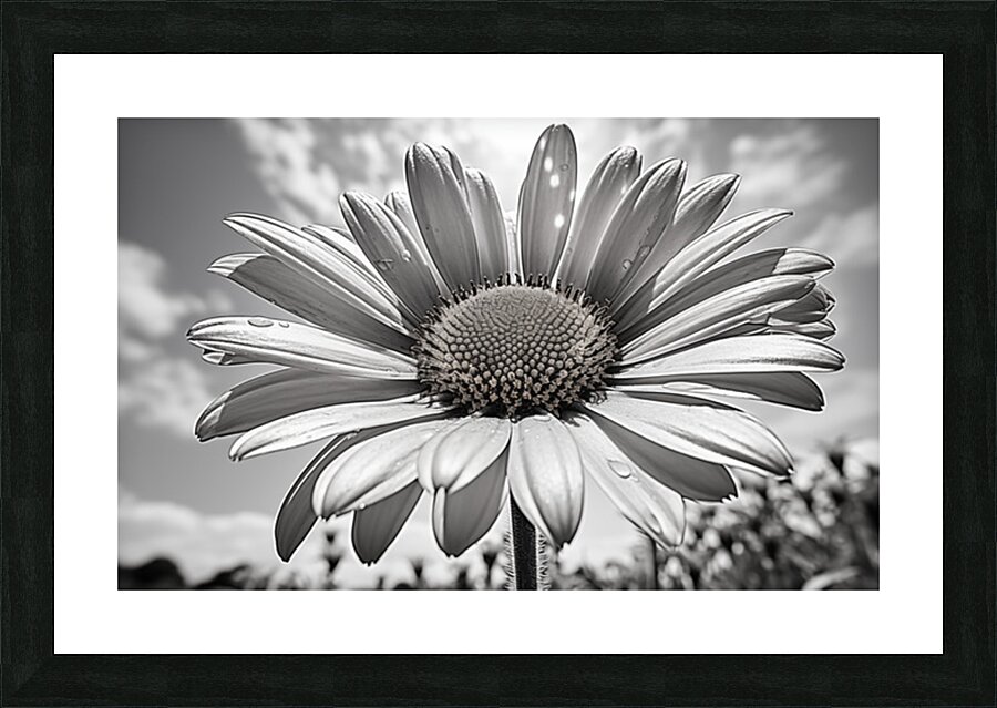 Sky Whisper – Monochrome Daisy Under Clouds Impression et Cadre photo