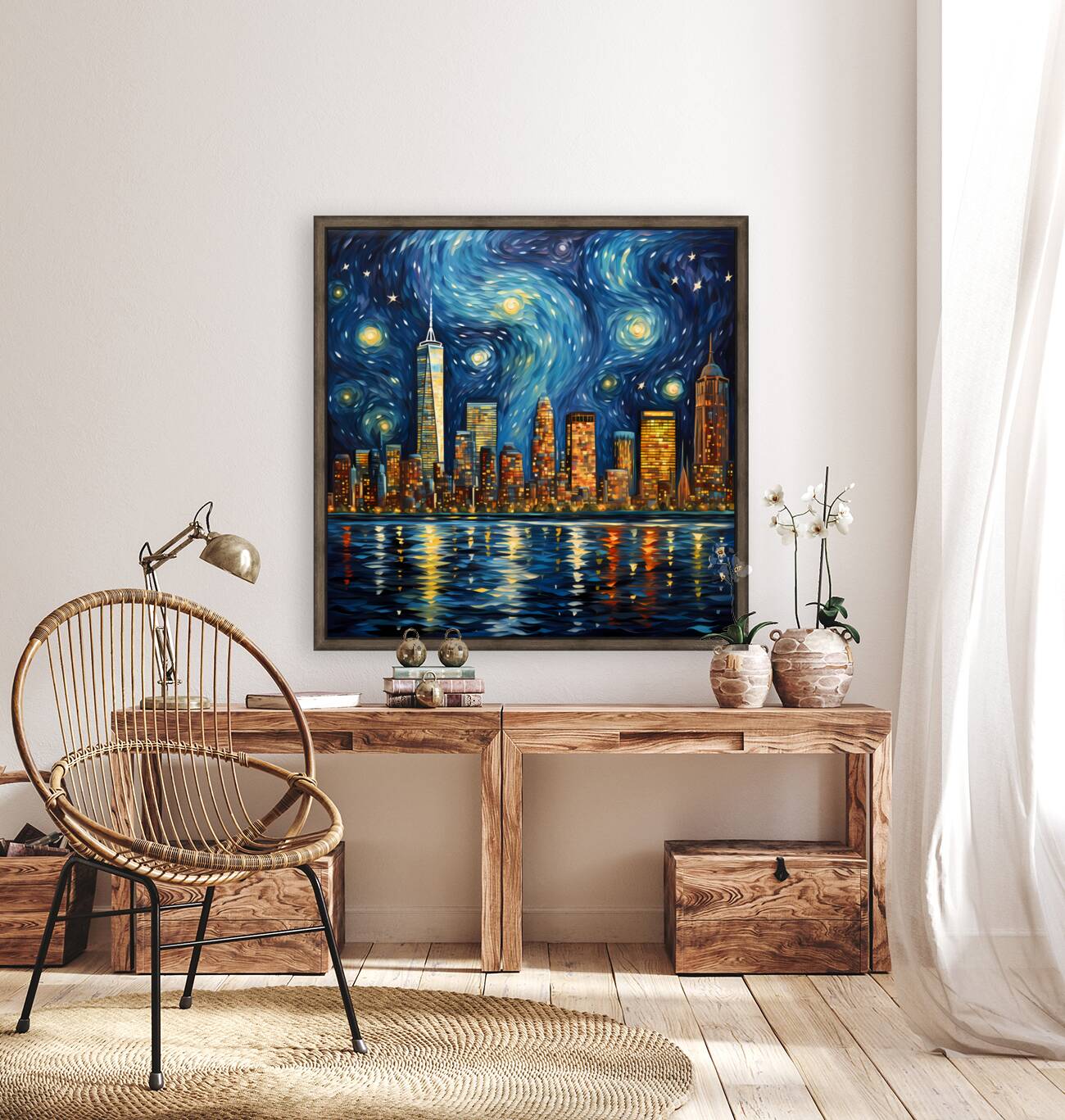 Starry Night Skyline - Starry Cityscape Art Prints Reproduction
