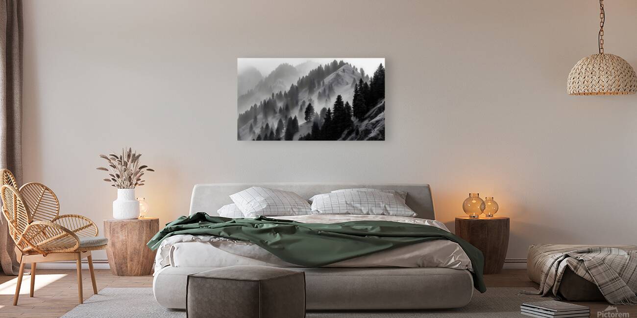 Mist Over Mountain Pines - Monochrome Landscape Art Prints Reproduction