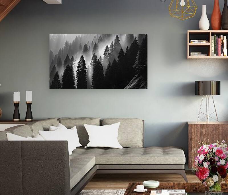 Misty Pine Hillside - Monochrome Landscape Art Prints Reproduction