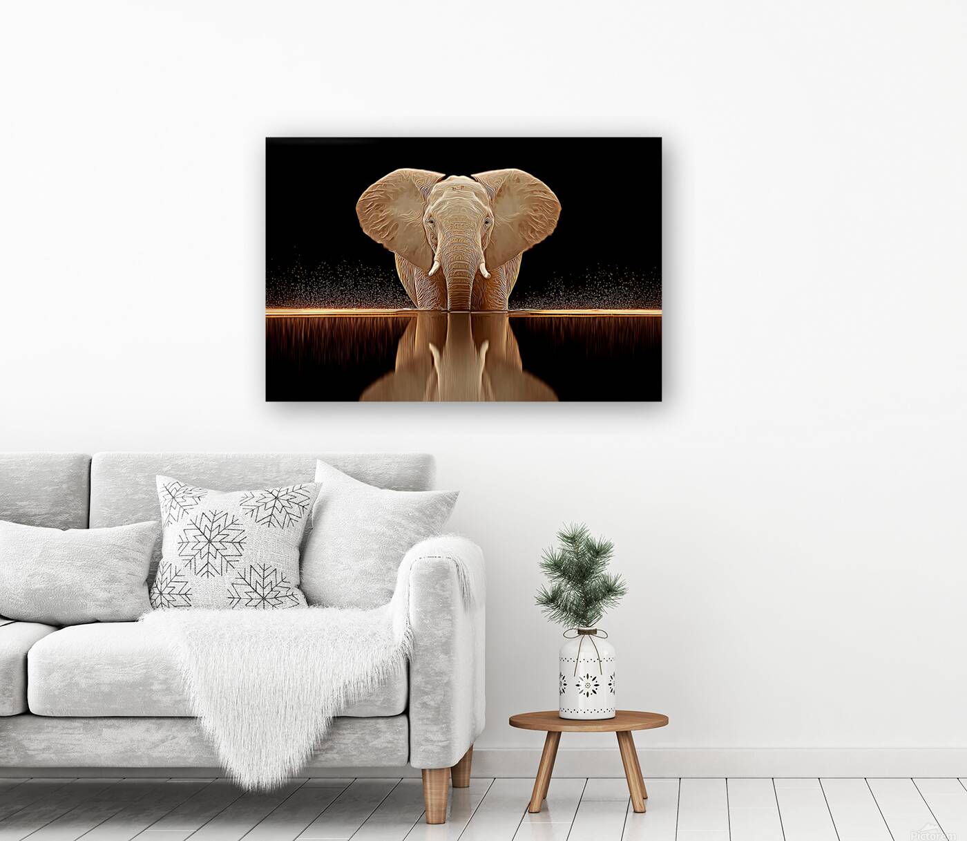 Golden Stillness – Elephant Reflection Print Reproduction