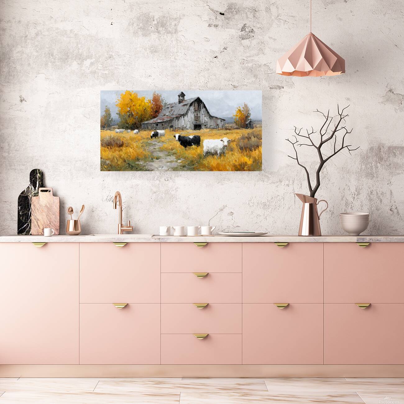 Autumn Barn with Grazing Cows – Farmhouse Landscape Art Print Reproduction